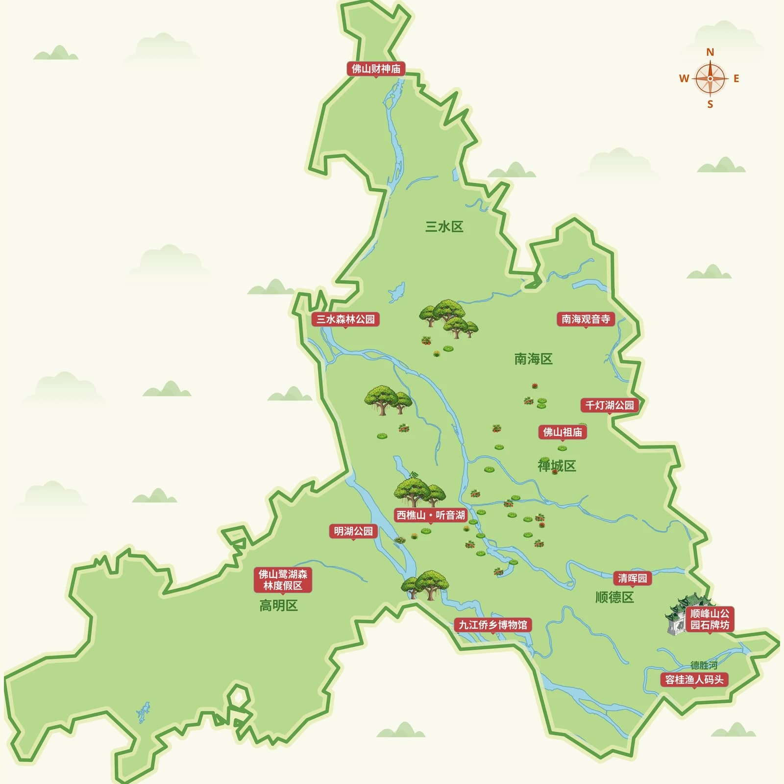 佛山市大范围手绘导览图:五区轮廓、水系、佛山祖庙、清晖园、千灯湖等景点与方向标