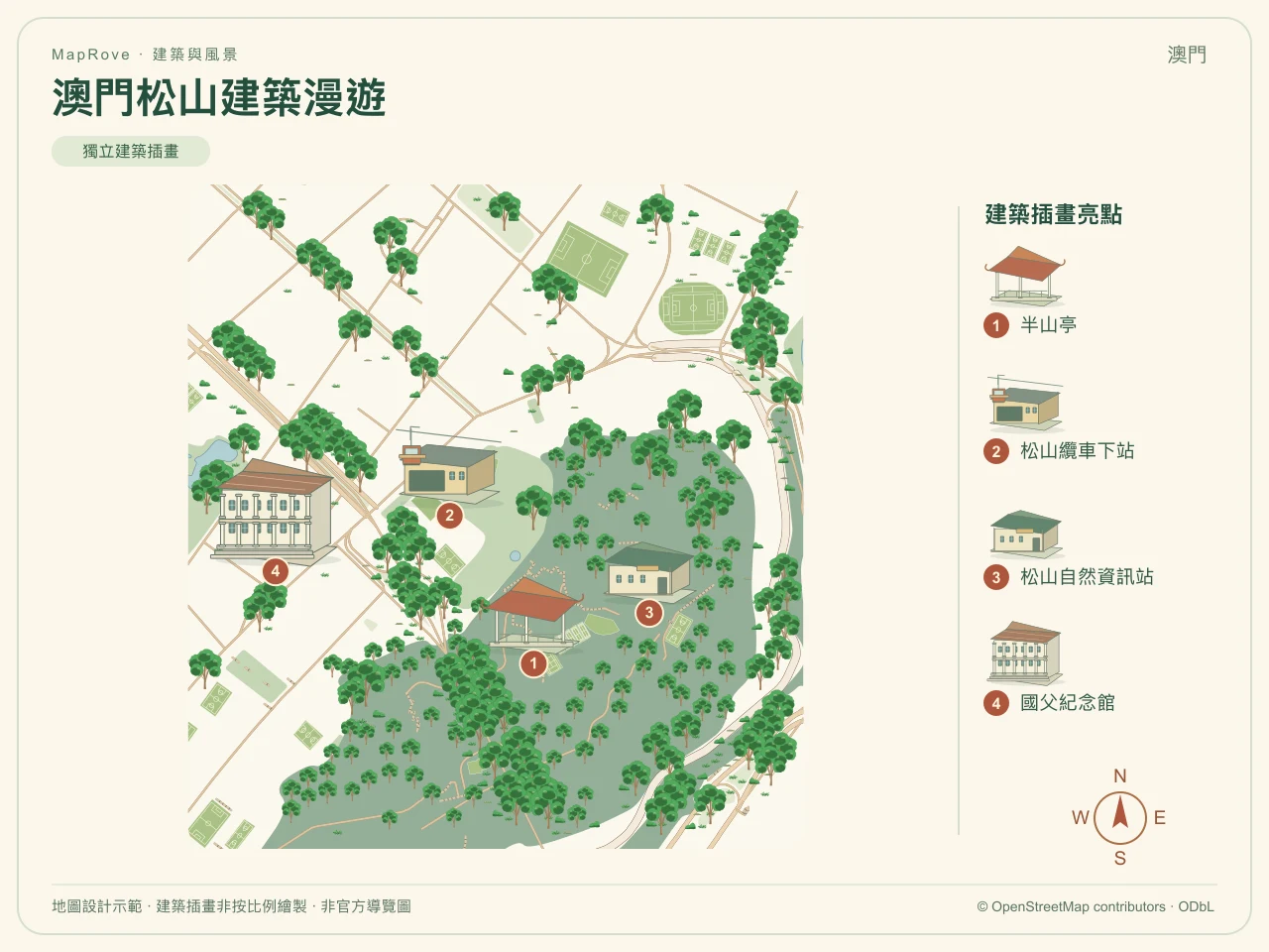澳门松山建筑漫游地图设计示范，独立建筑插画